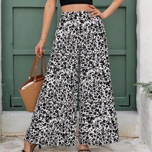 Floral Black and White Wide-Leg Pants